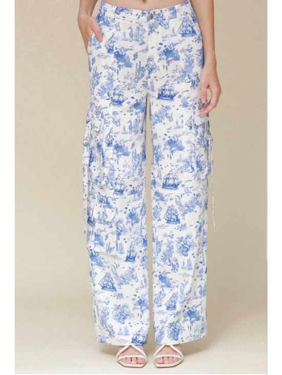 Avec Les Filles Pants - Avec Les Filles linen blend White Blue Toile Print Wide Leg Cargo Pants M